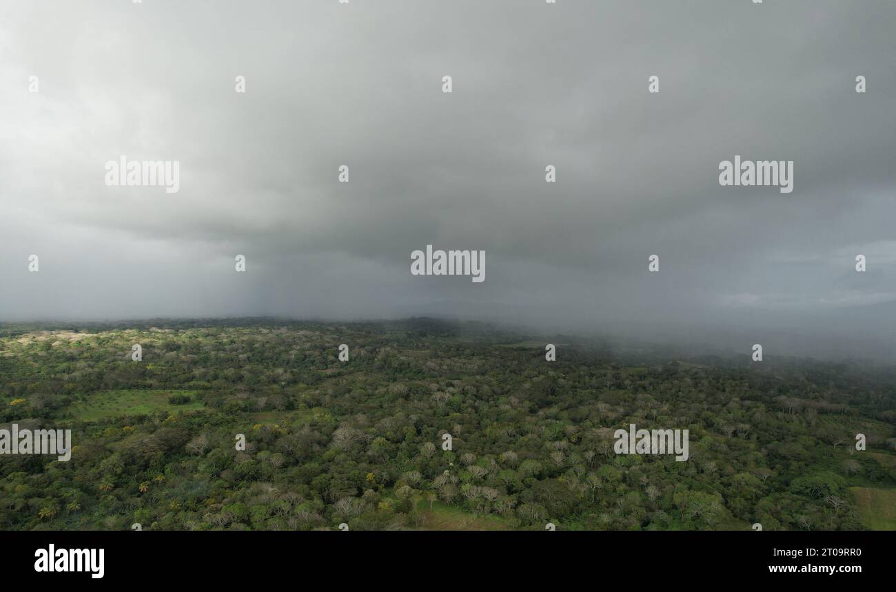 Rain cyclone cloud over green tropical landscape aerial drone view Stock Photo