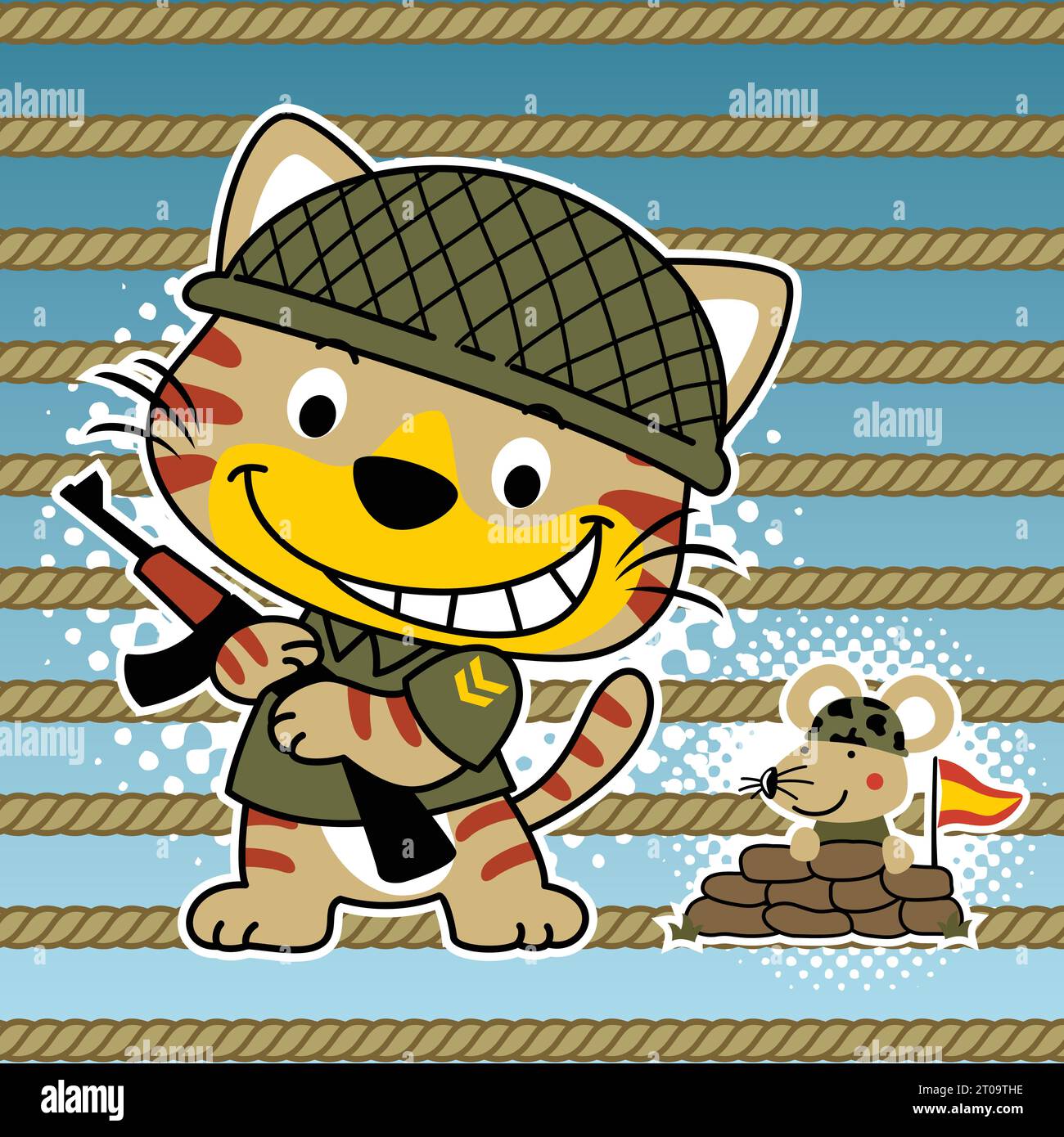 Funny cat and mouse in soldiers uniform with gun, vector cartoon illustration Stock Vector