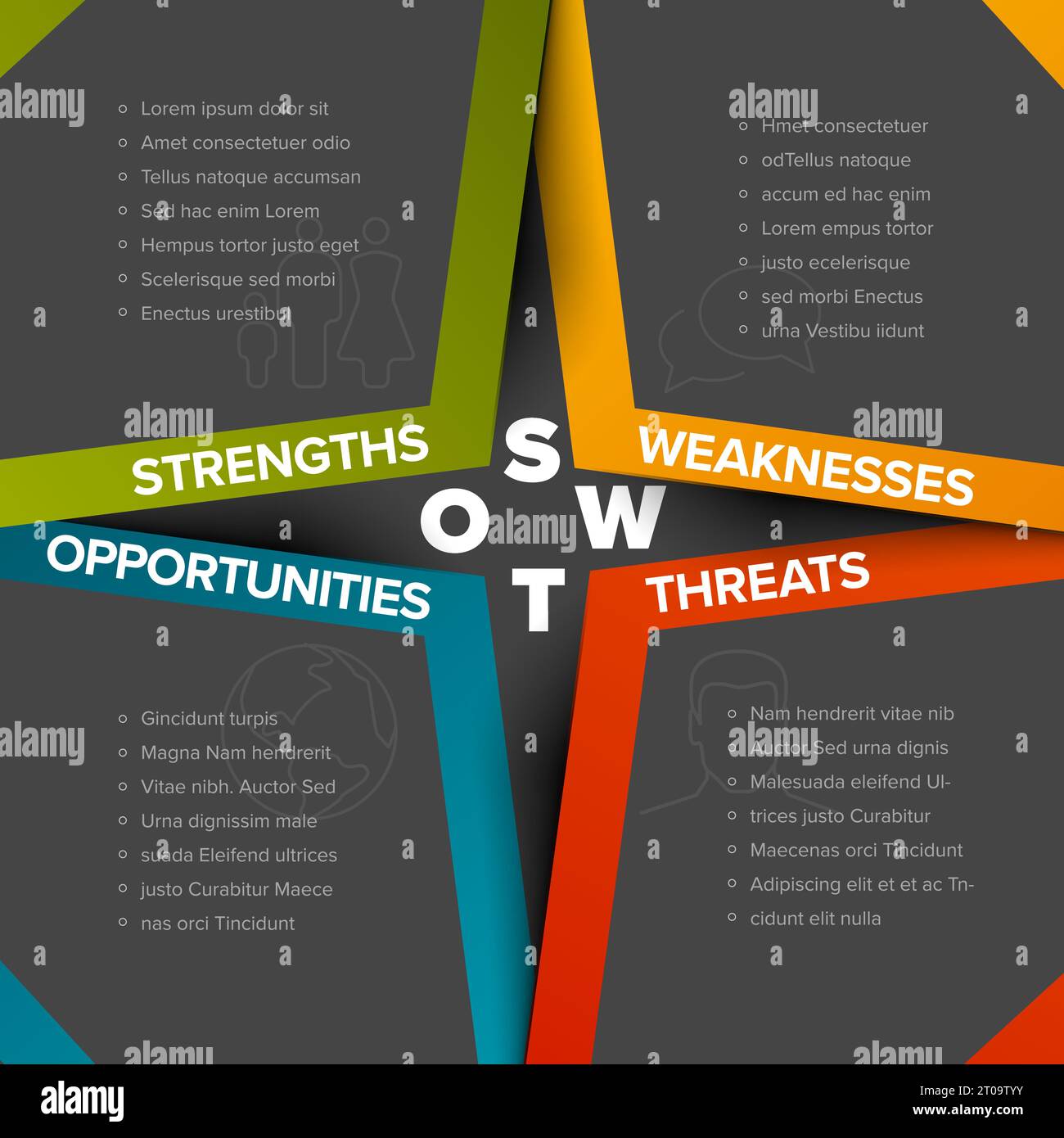 Vector SWOT (strengths, weaknesses, opportunities, threats) diagram schema template made from four dark gray paper corner blocks with big letters. Swo Stock Vector