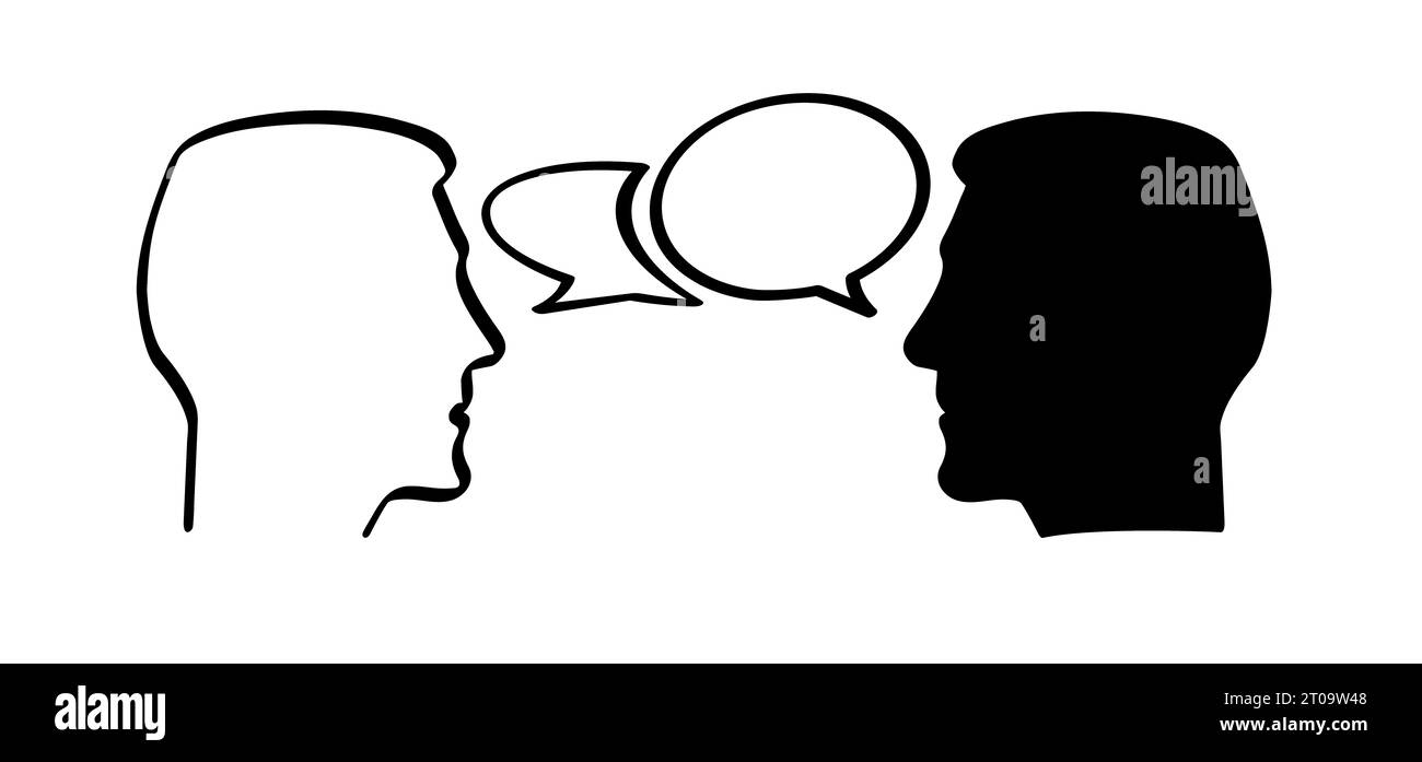 Cartoon face profile talk icon. Conversation speech Icon silhouette heads. Head in Profile speak, communication pictogram. People face are talking ico Stock Photo