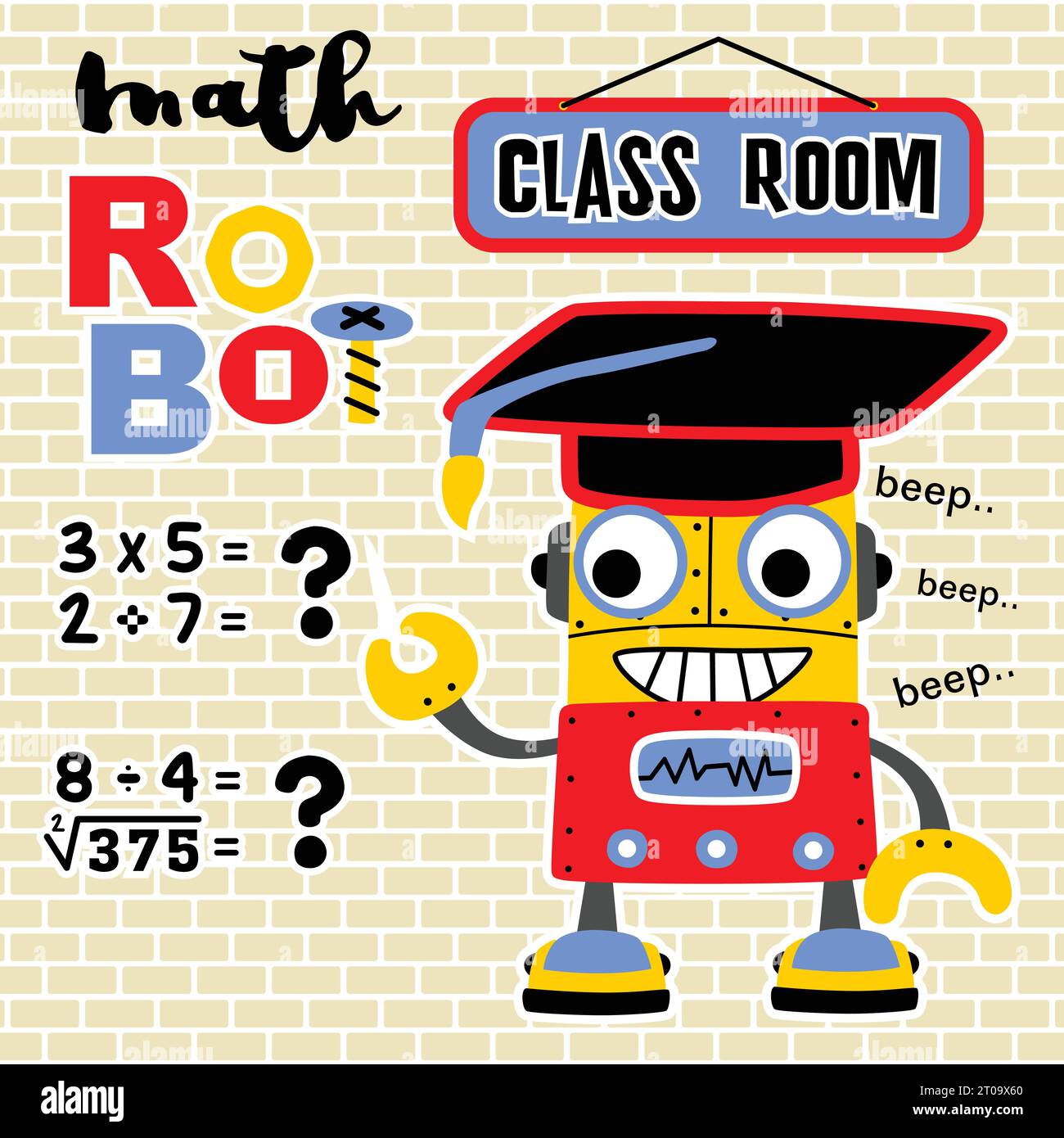 Funny math robot, education elements, vector cartoon illustration Stock Vector
