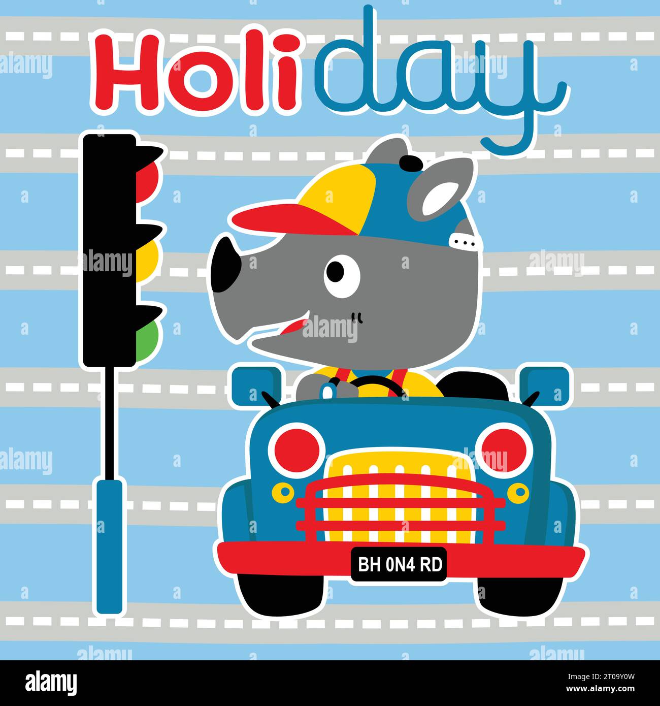 Little rhino driving car with stoplight, vector cartoon illustration Stock Vector