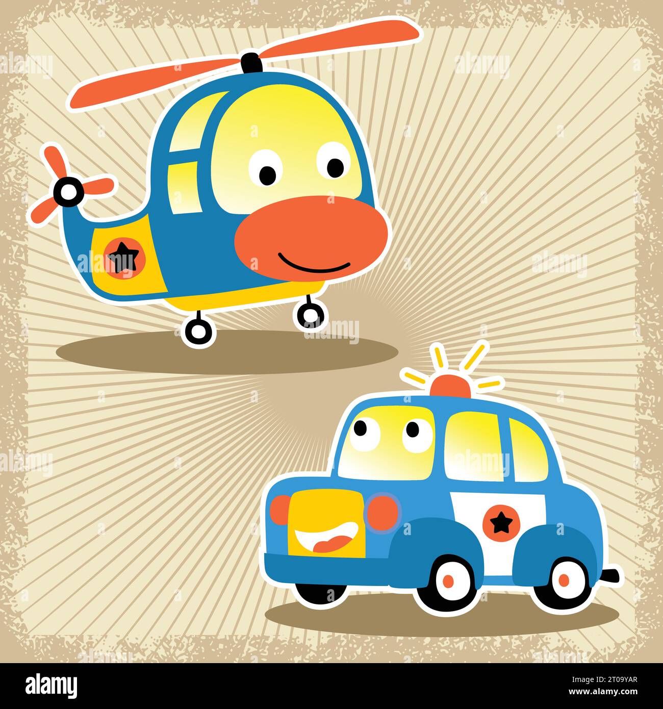 funny transportation cartoon vector, patrol car with helicopter Stock Vector