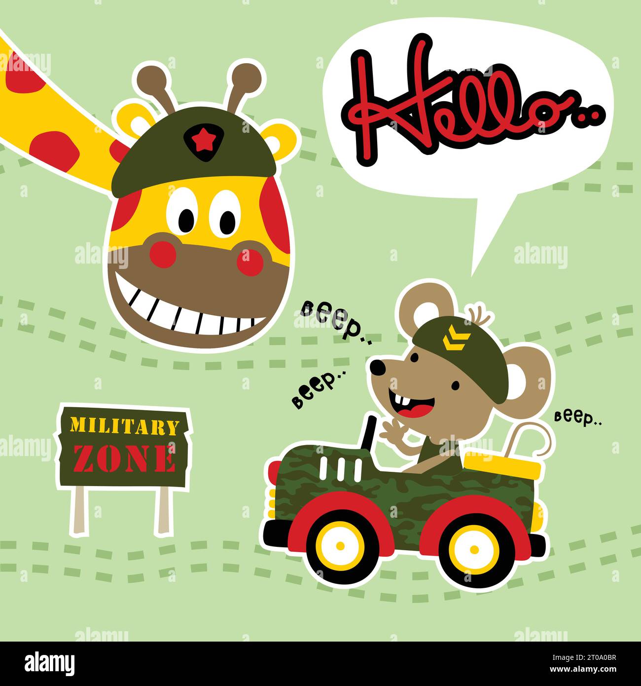 Cute giraffe wearing military beret, little mouse driving military car