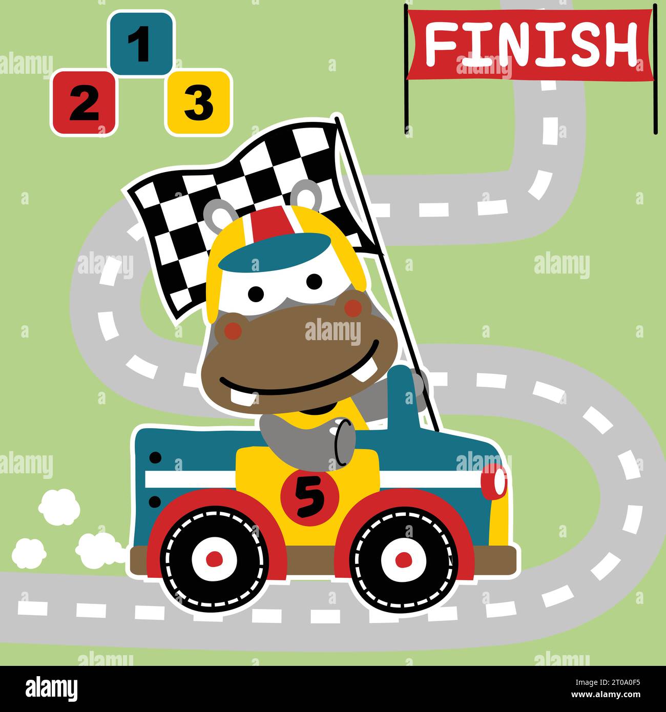 Cute hippo driving racing car, vector cartoon illustration Stock Vector