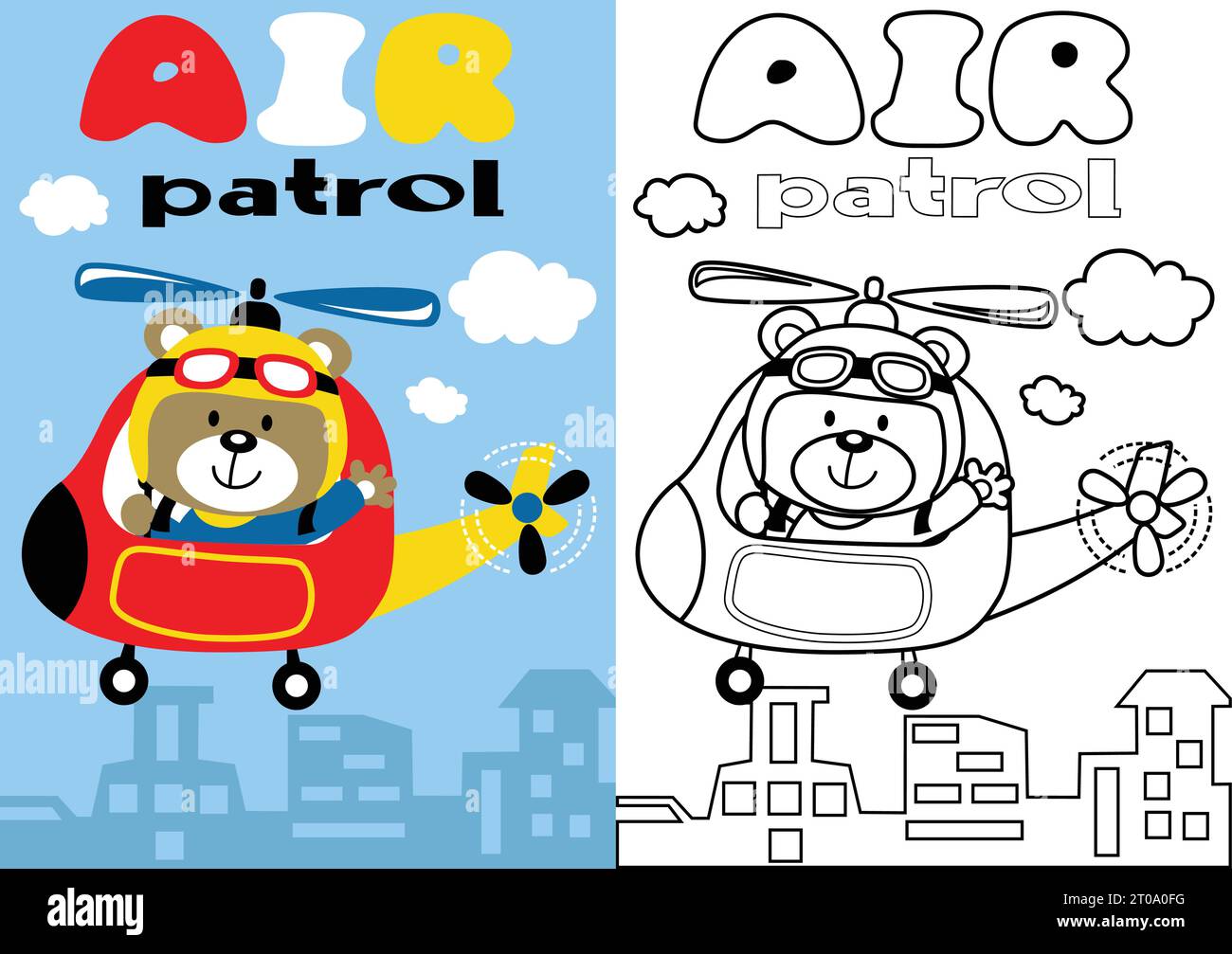 vector cartoon of helicopter with funny bear pilot, coloring book or page Stock Vector