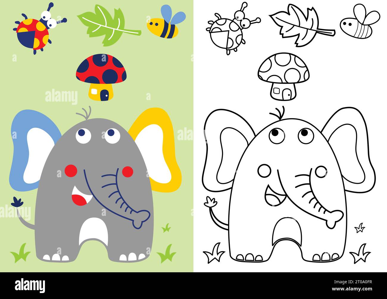 cute elephant with bugs and mushroom, coloring book or page, vector cartoon illustration Stock Vector