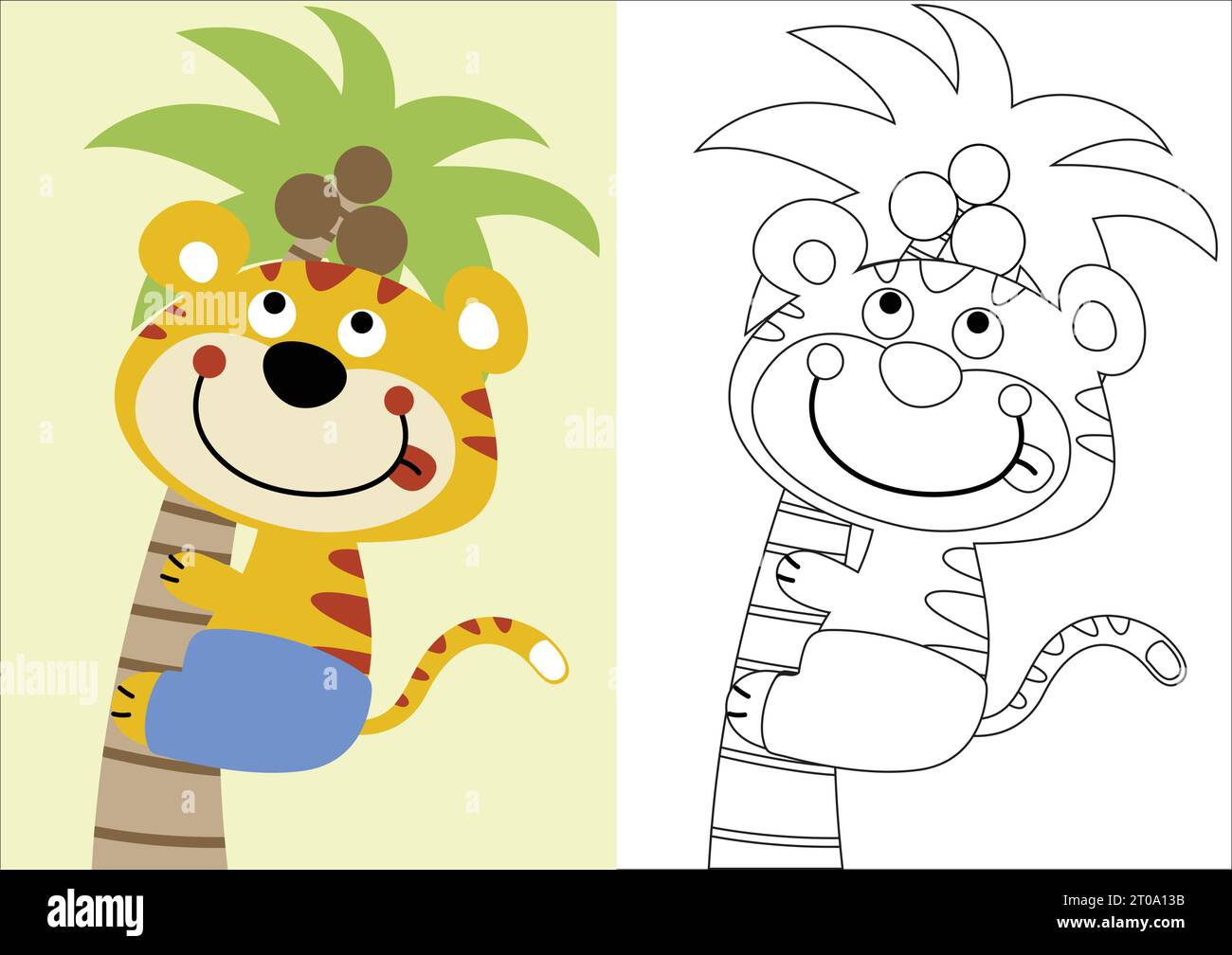 vector cartoon of funny cat climbing palm tree, coloring book or page