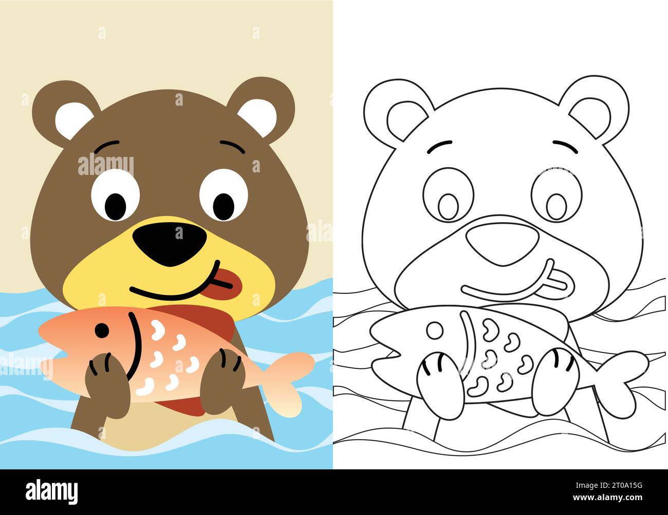 vector cartoon of cute bear catching big fish in river, coloring book or page Stock Vector