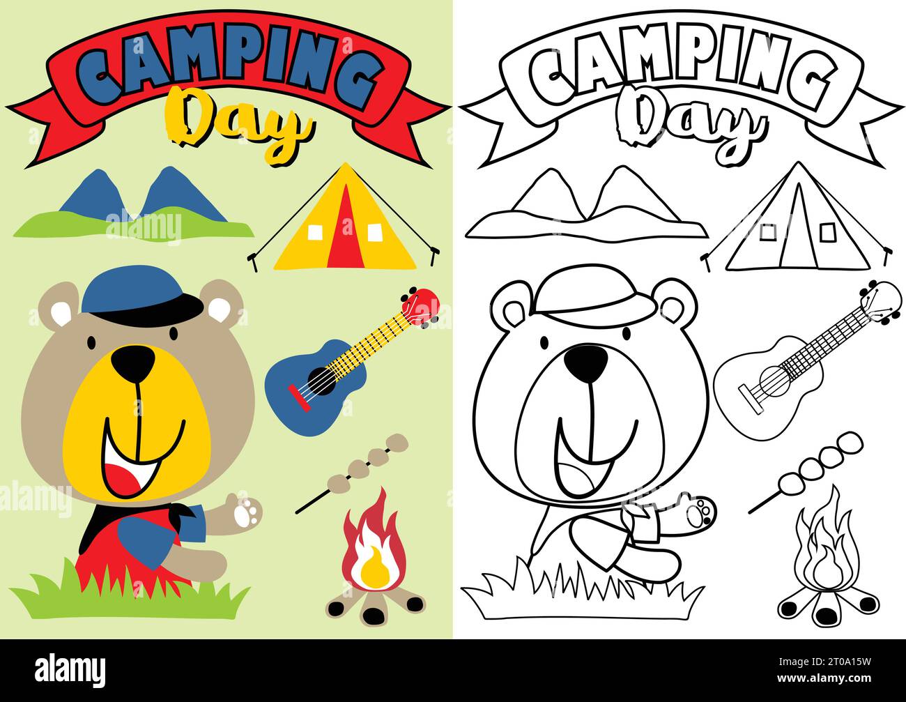 vector cartoon of funny bear with camping elements, coloring book or page Stock Vector