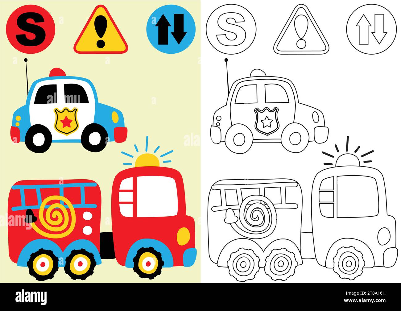 vector cartoon of fire engine and police car with traffic signs, coloring book or page Stock Vector