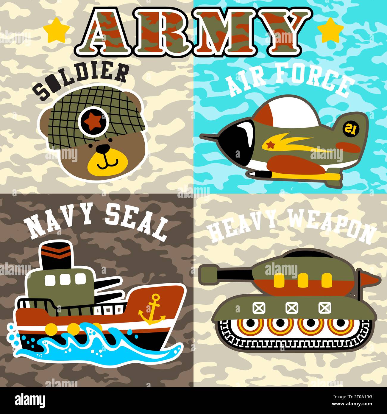 vector cartoon of cute bear army with military vehicles on camouflage background Stock Vector
