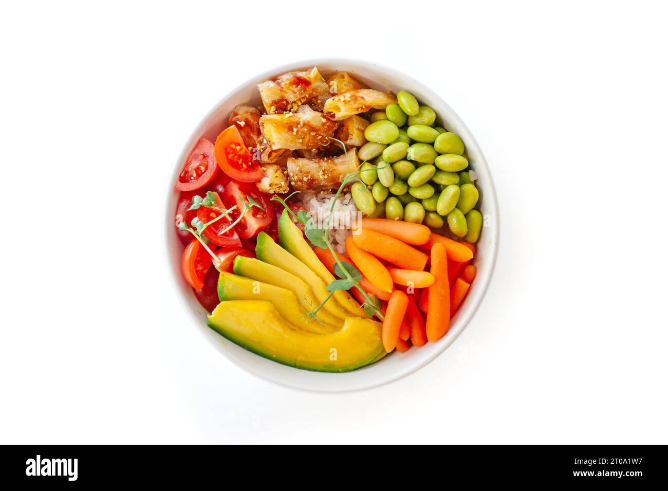 Vegetarian poke bowl with salmon isolated on white background. Top view ...