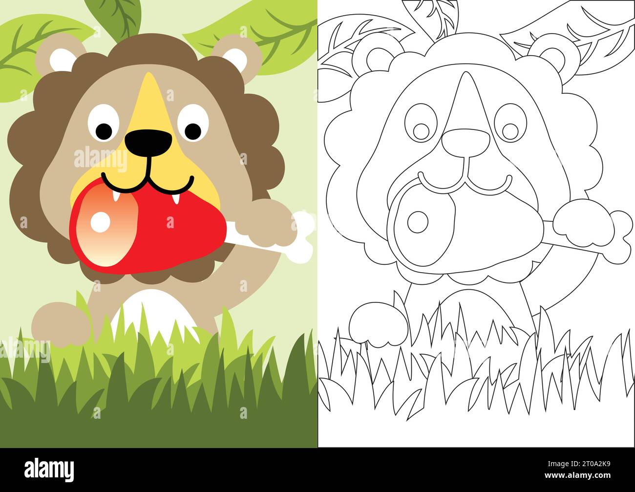 vector cartoon of funny lion eating meat in jungle, coloring book or page Stock Vector