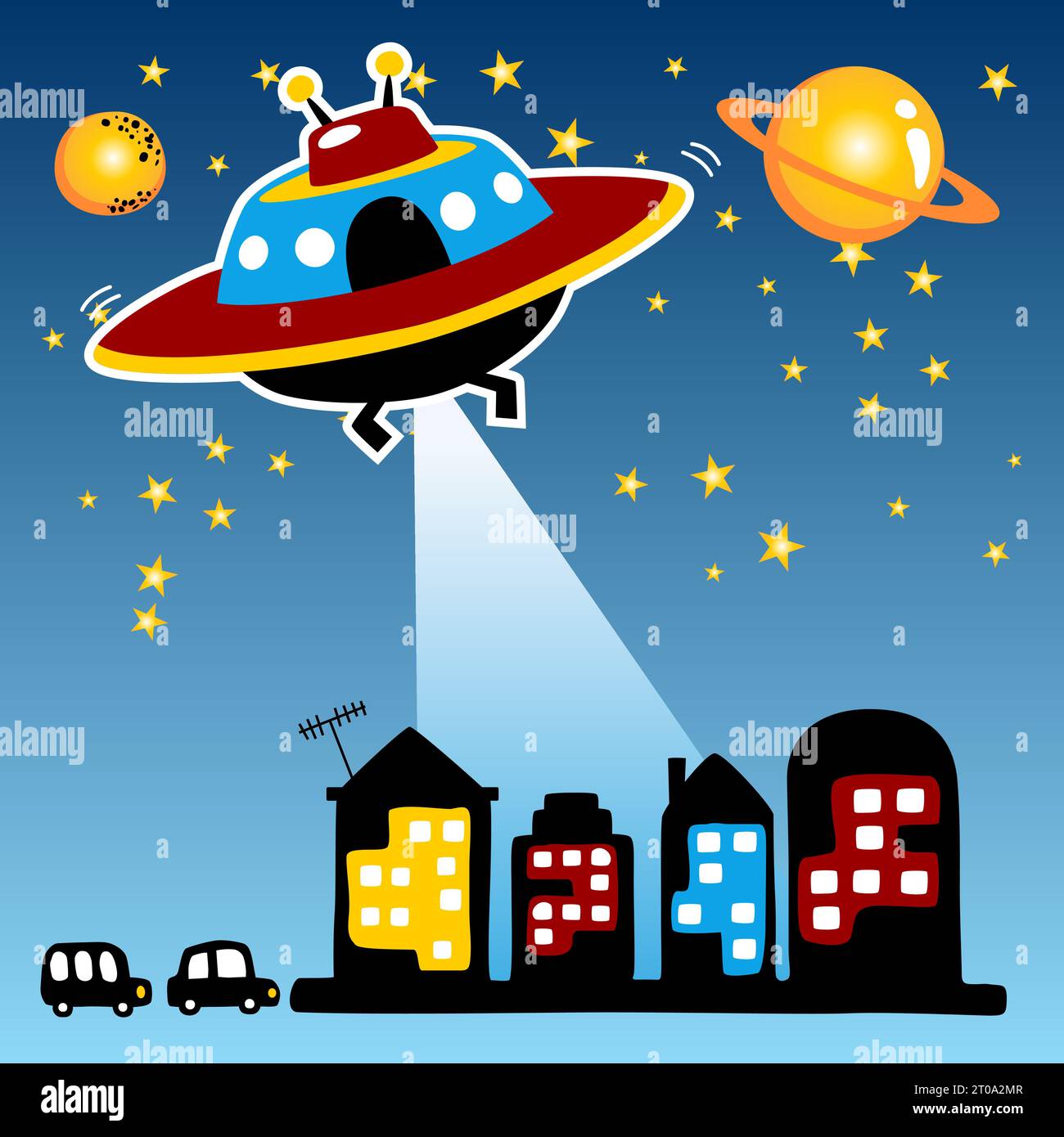 vector cartoon of UFO attack city Stock Vector