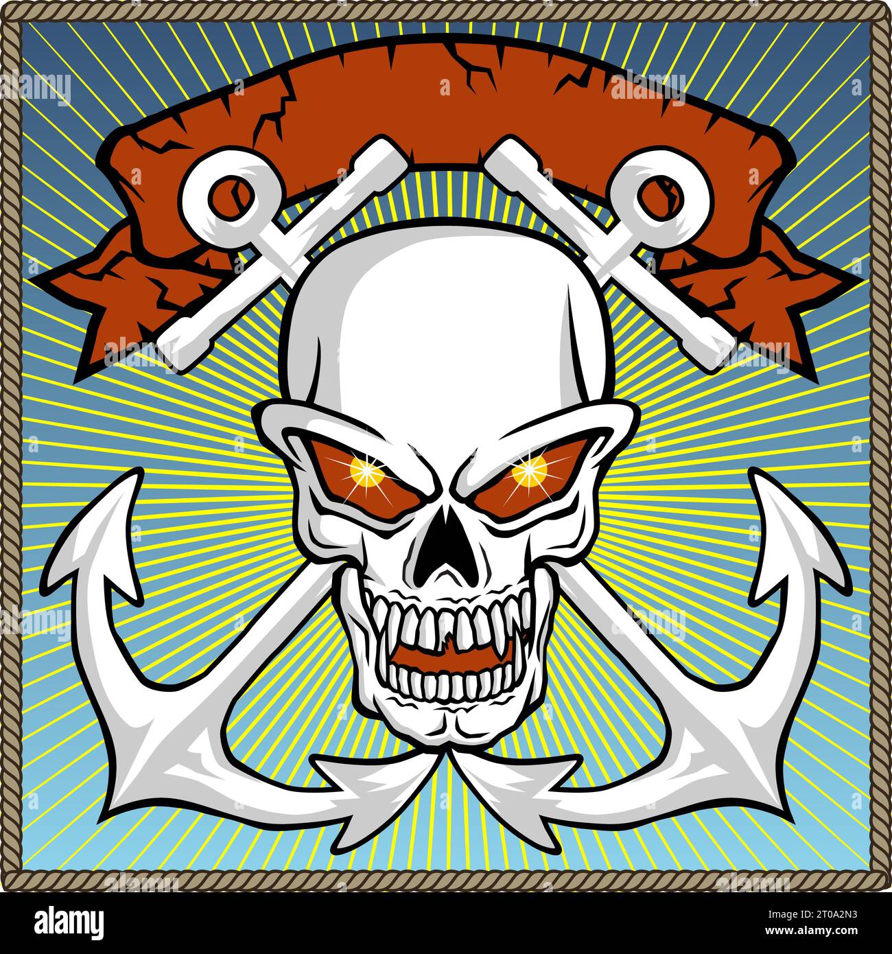 vector of skull with two anchors and ribbon in rope border frame Stock Vector