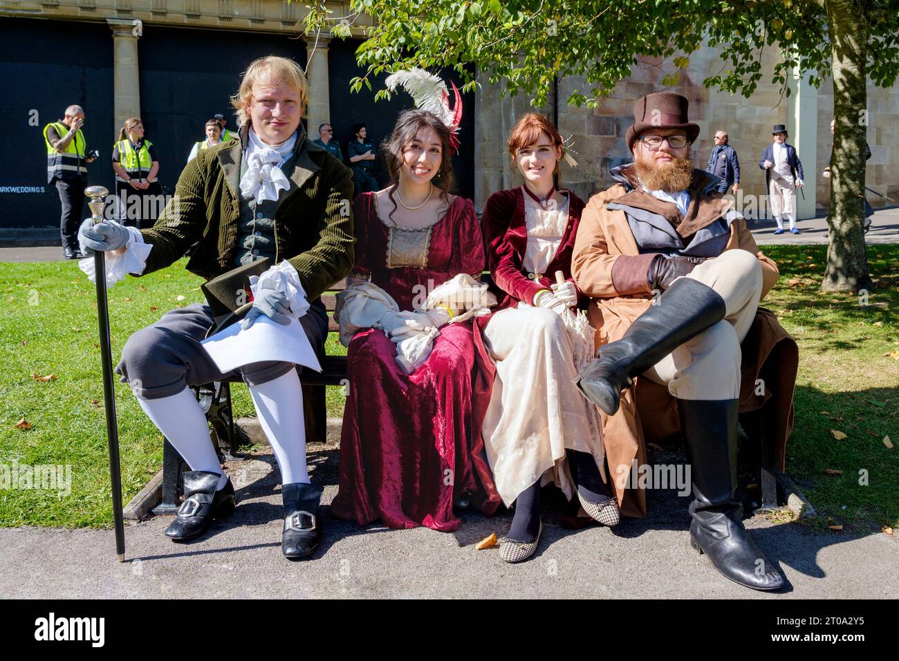 Bath, UK 14/09/2019 Jane Austen fans are pictured in Parade Gardens as they take part in the world famous Grand Regency Costumed Promenade. Stock Photo