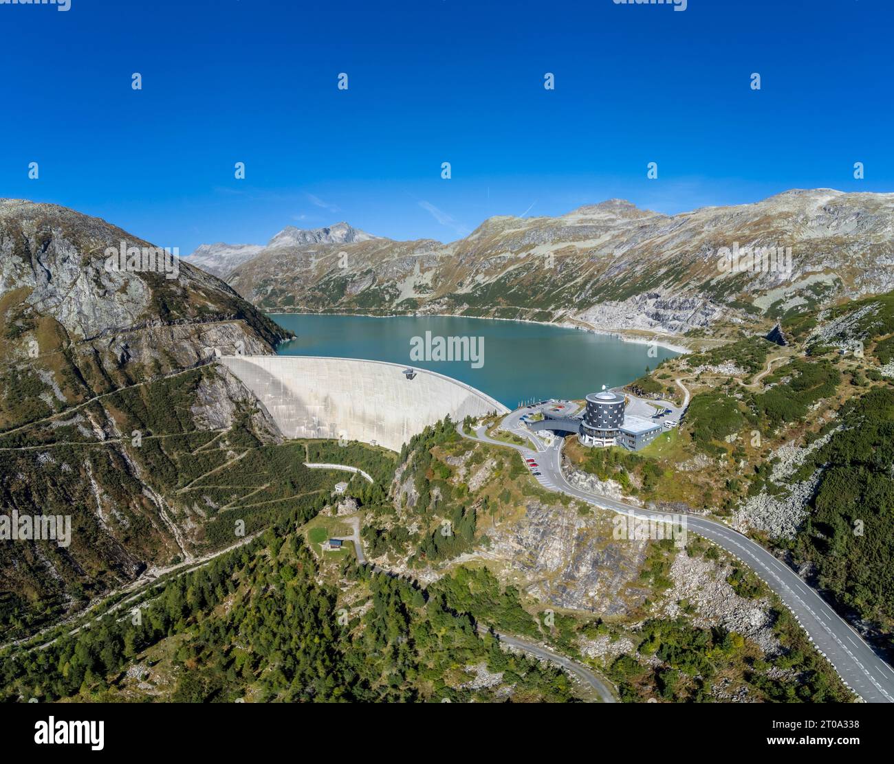 Panoramic drone view of Koelnbrein Dam in the Hohe Tauern range, a part of the hydroelectric power plant in Municipality Malta, Carinthia, Austria. Stock Photo