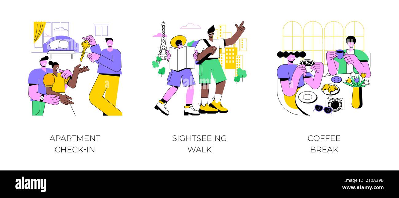 City trip isolated cartoon vector illustrations set. Couple make check-in in rented apartment, sightseeing walk, people drinking coffee in local cafe, cultural experience vector cartoon. Stock Vector