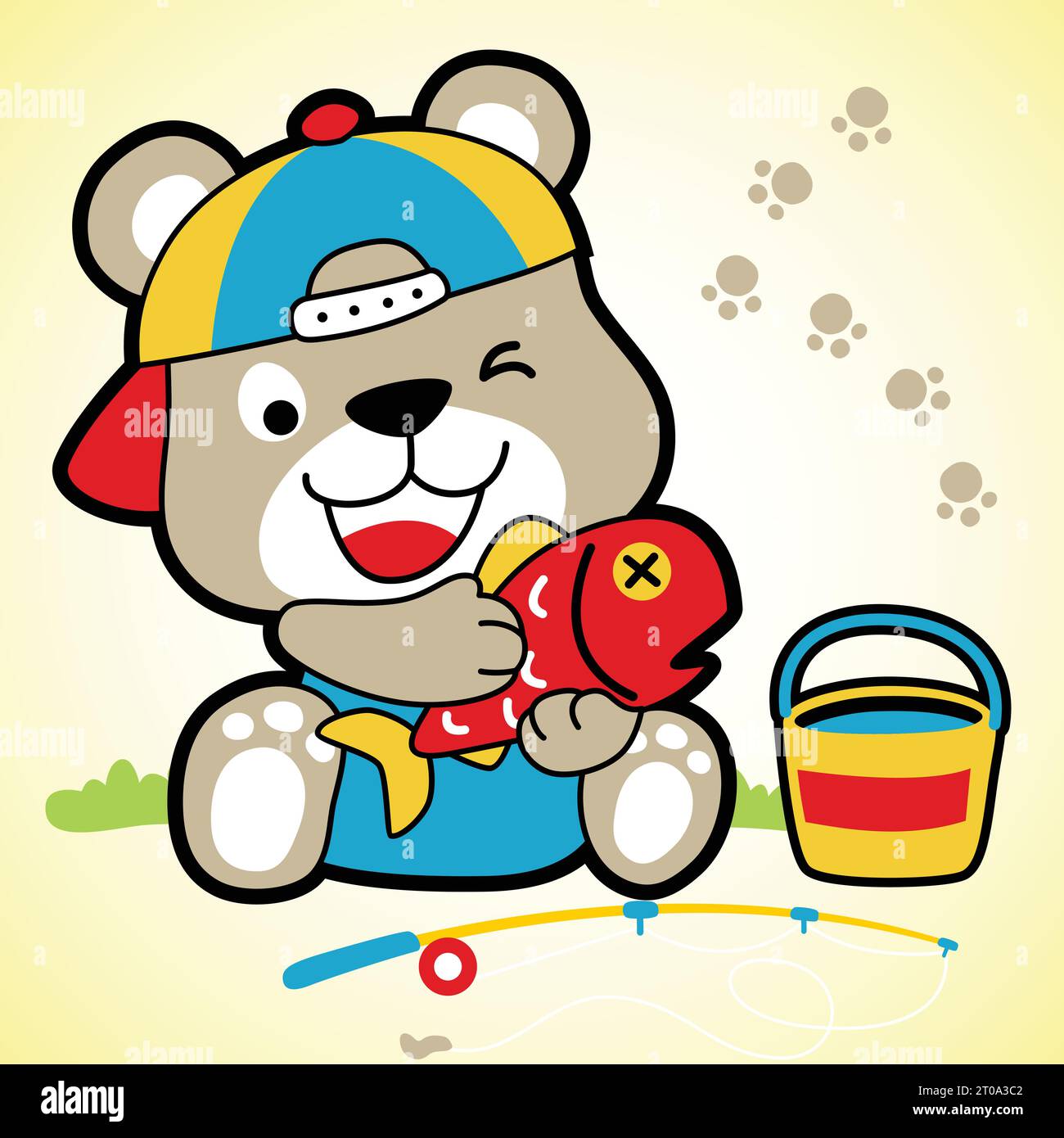 Cute bear get a big fish, fishing tackle with bucket, vector cartoon ...