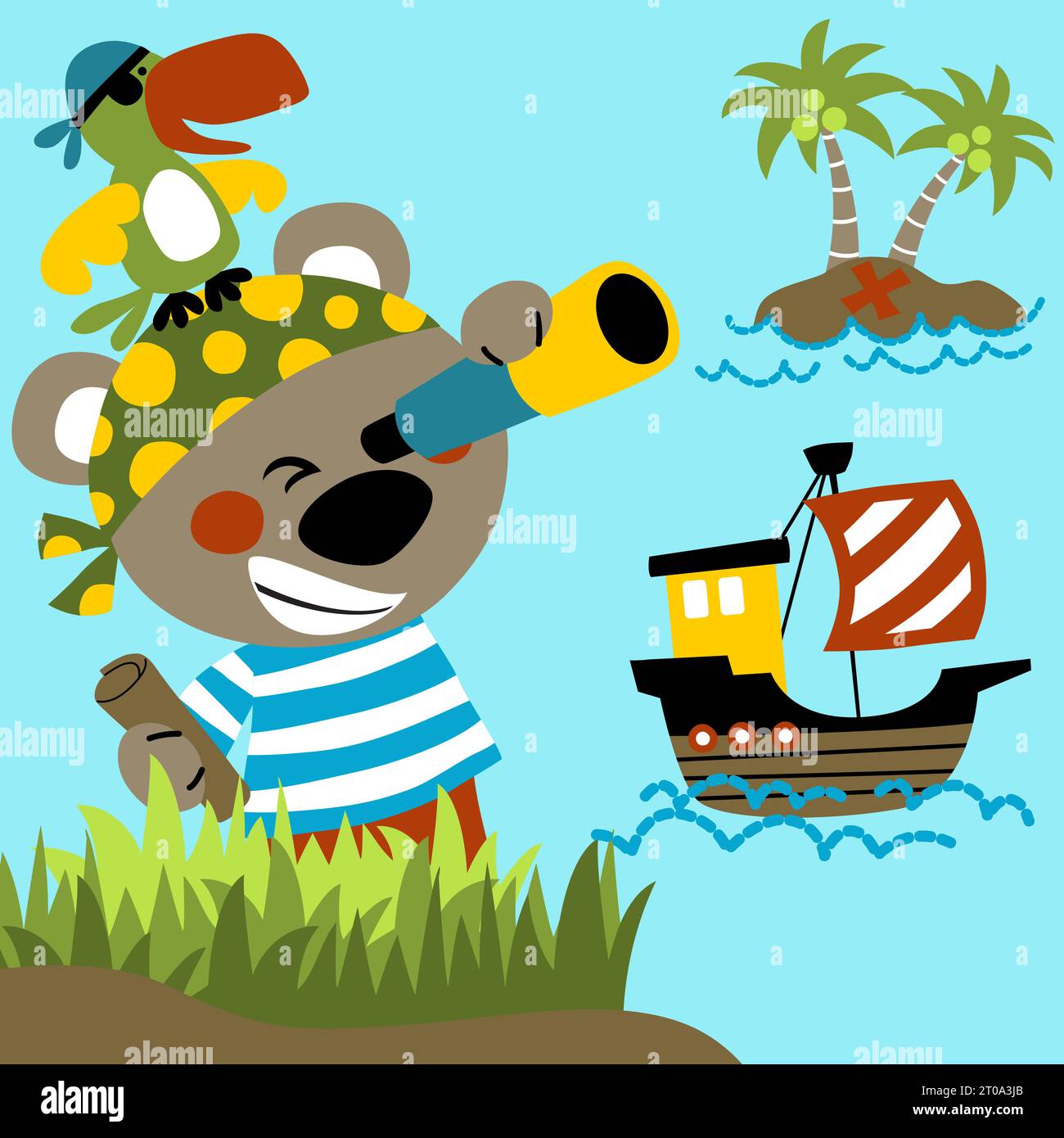 Vector cartoon of cute bear in pirate costume with parrot, sailboat in ...