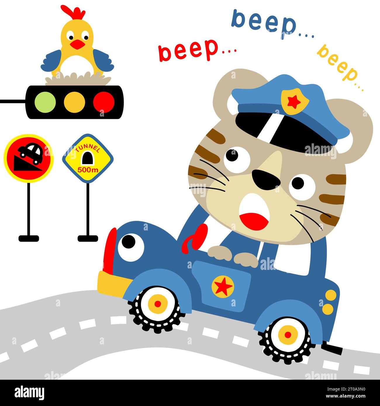 Funny cat on police car, bird laying egg on stoplight, traffic elements, vector cartoon illustration Stock Vector