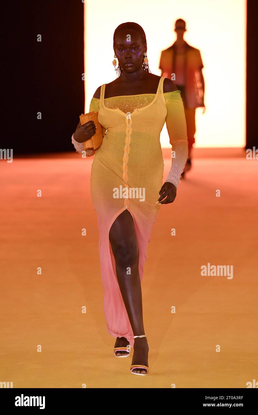 Model Ajok Daing walks on the runway at the Casablanca  fashion show during the Spring Summer 2024 Collections Fashion Show at Paris Fashion Week in Paris, France on October 1 2023. (Photo by Jonas Gustavsson/Sipa USA) Stock Photo