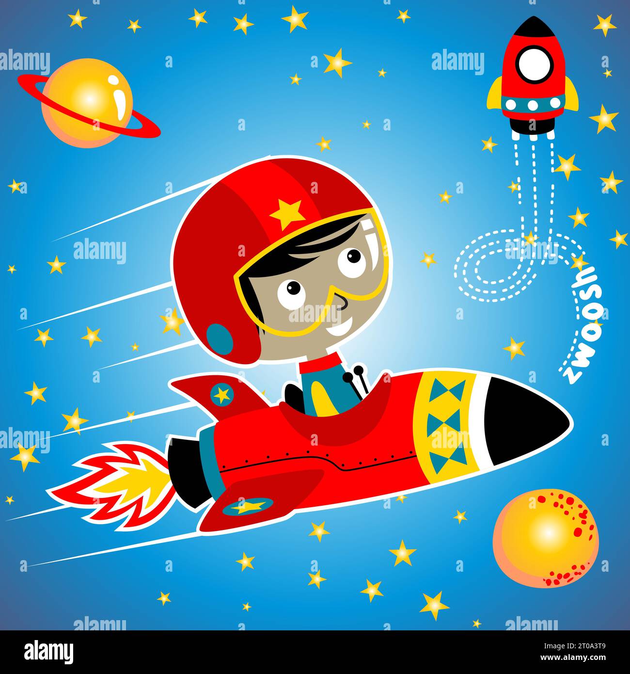 vector cartoon of little boy ride on rocket going to space, space ...