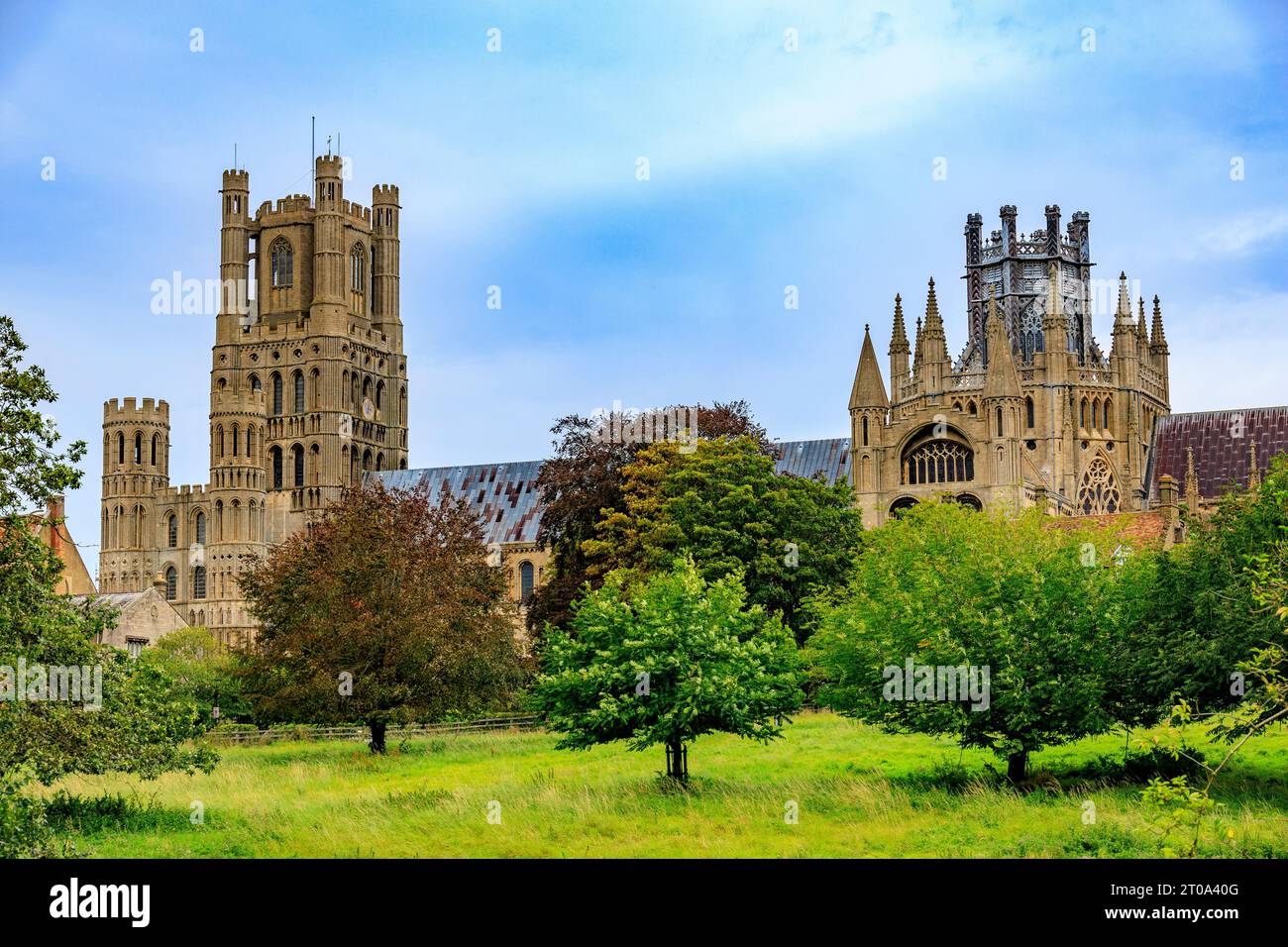 The south side of Ely Cathedral showing main tower and two round towers of St Katherine's Chapel, and its Octagon, Cambridgeshire, England. Stock Photo