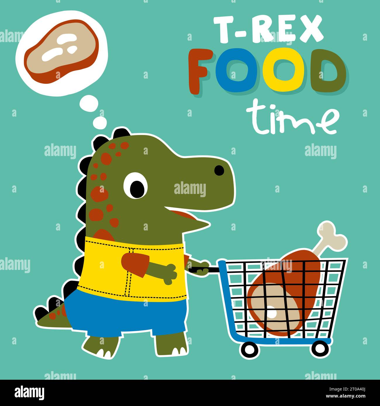Cute dinosaur carrying meat with trolley, vector cartoon illustration Stock Vector