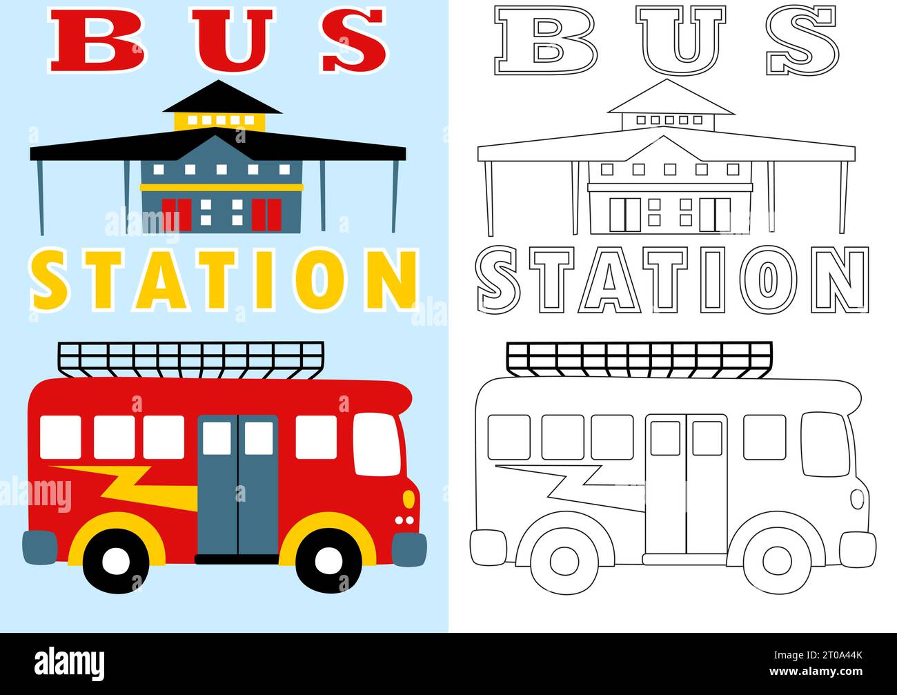 bus station cartoon, vector cartoon for coloring page or book Stock Vector