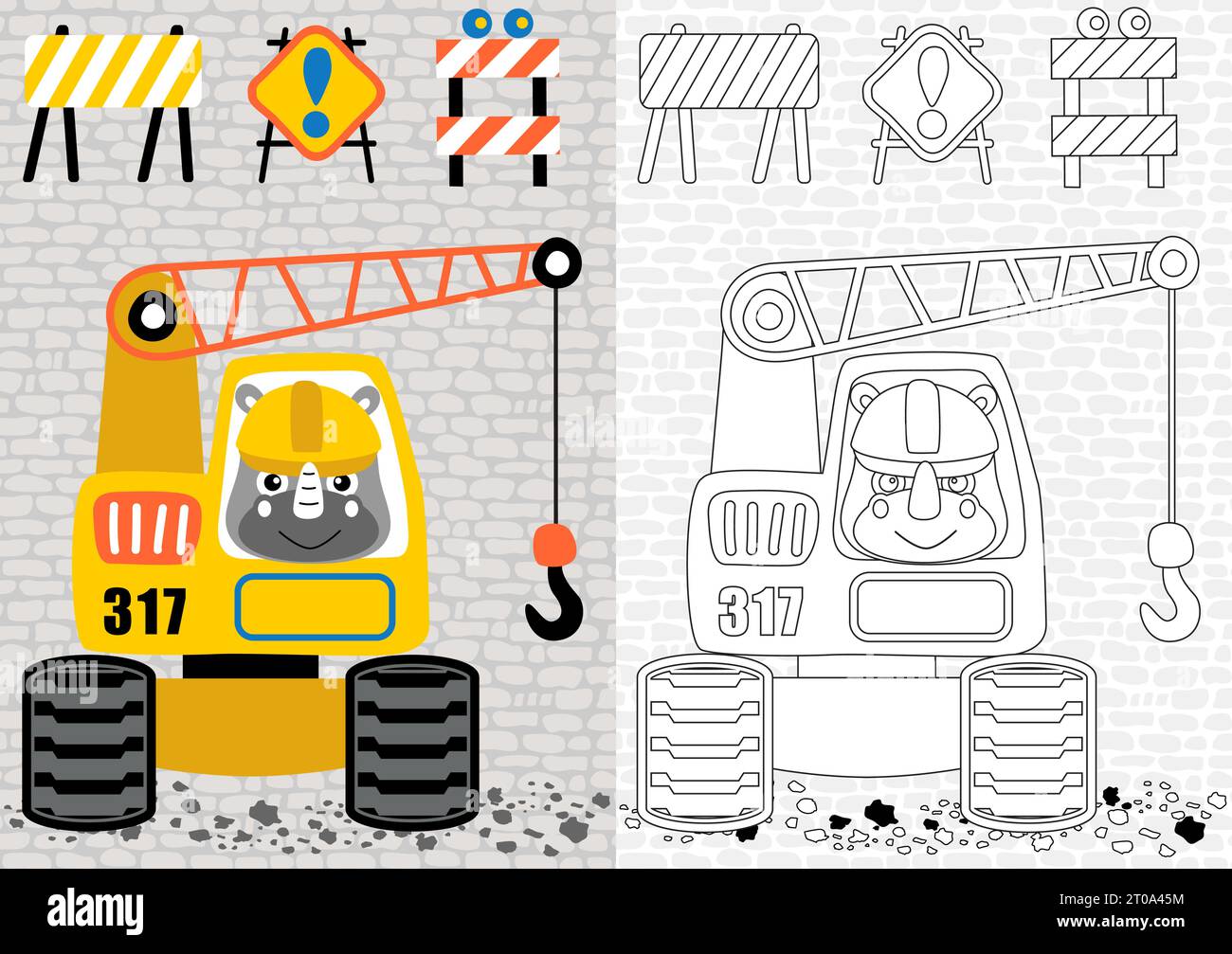 vector cartoon of rhinoceros driving construction vehicle with construction signs, coloring book or page Stock Vector