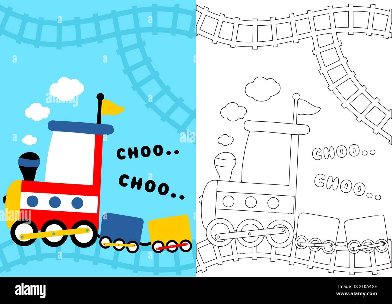 coloring page with steam train and railway, vector cartoon illustration Stock Vector