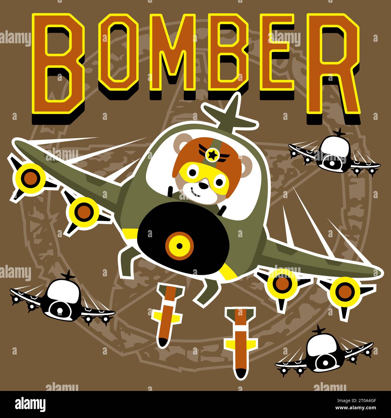 Funny bear on fighter jet dropping bomb, vector cartoon illustration Stock Vector