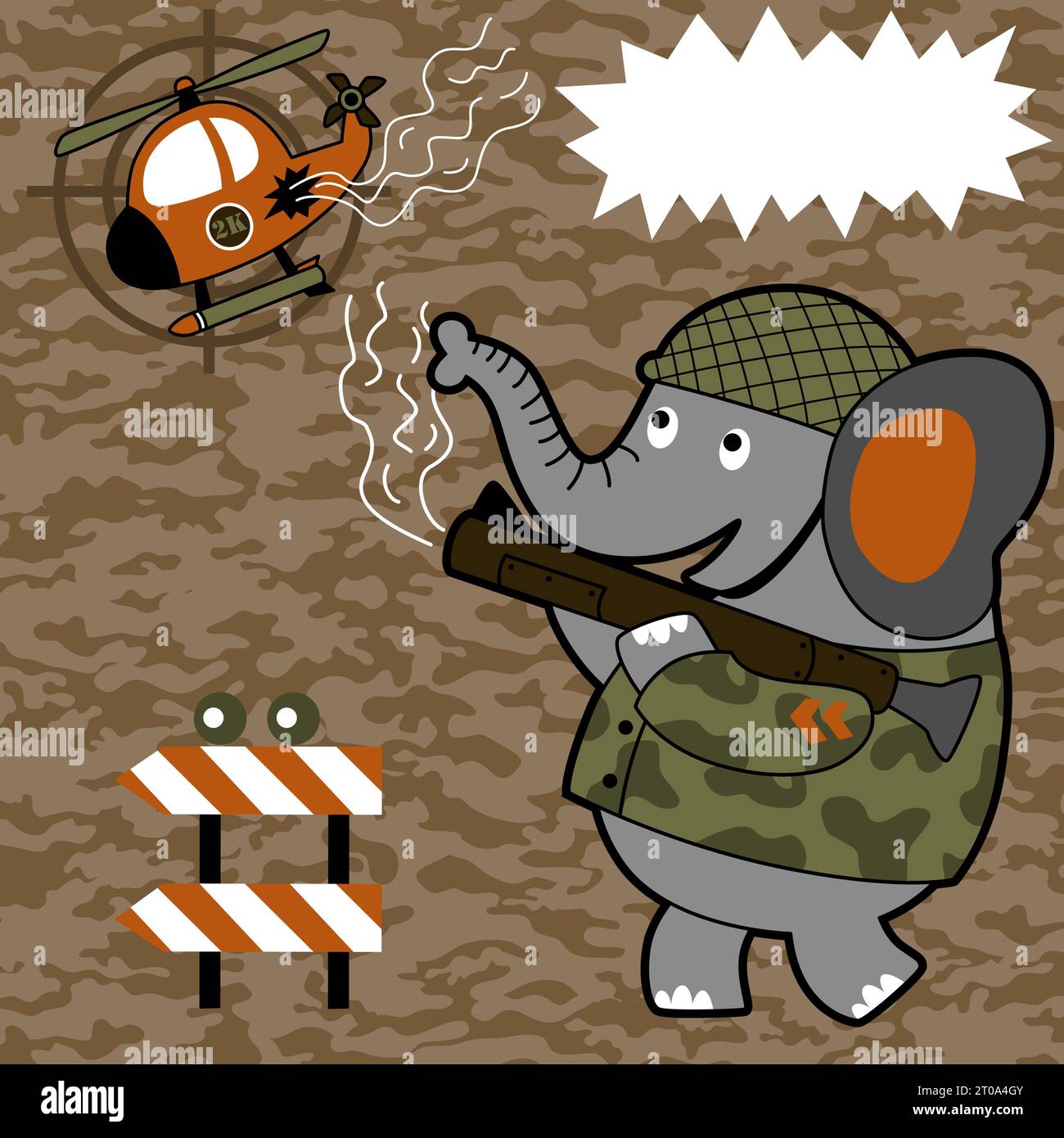 Funny elephant soldier shoot a military chopper, vector cartoon