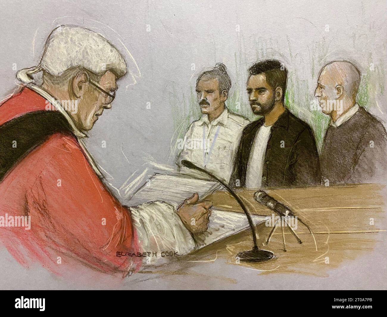 Court artist drawing by Elizabeth Cook of Jaswant Singh Chail at the Old Bailey, London, where Mr Justice Hilliard jailed him to nine years with a further five years on extended licence after break into Windsor Castle with a loaded crossbow to kill the late Queen on 25 December, 2021. Picture date: Thursday October 5, 2023. Stock Photo