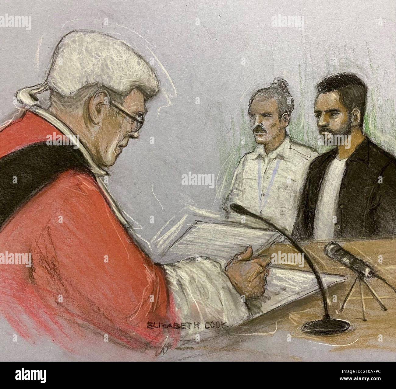 Court artist drawing by Elizabeth Cook of Jaswant Singh Chail at the Old Bailey, London, where Mr Justice Hilliard jailed him to nine years with a further five years on extended licence after break into Windsor Castle with a loaded crossbow to kill the late Queen on 25 December, 2021. Picture date: Thursday October 5, 2023. Stock Photo