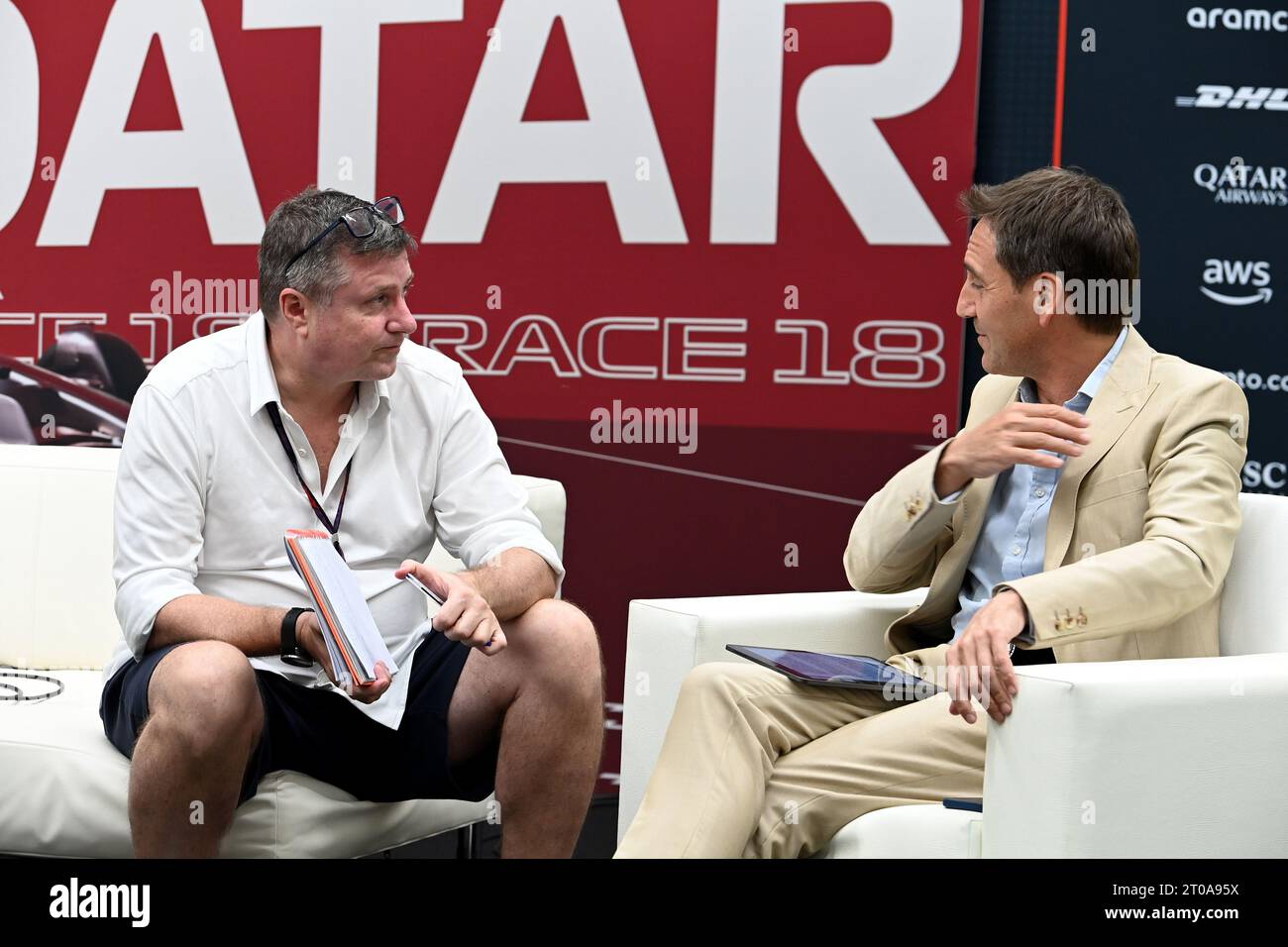 Doha, Qatar. 05th Oct, 2023. (L to R): David Croft (GBR) Sky Sports Commentator and Tom Clarkson (GBR) Journalist in the FIA Press Conference. 05.10.2023. Formula 1 World Championship, Rd 18, Qatar Grand Prix, Doha, Qatar, Preparation Day. Photo credit should read: XPB/ . Credit: XPB Images Ltd/Alamy Live News Stock Photo