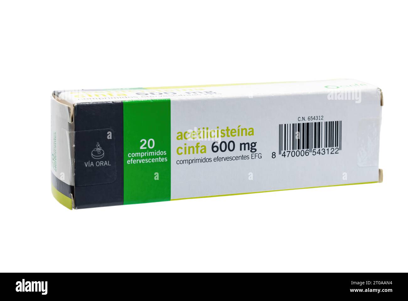 Huelva, Spain-September 25, 2023: Spanish box of Acetylcysteine, a medication that is used to to loosen thick mucus in individuals with chronic bronch Stock Photo