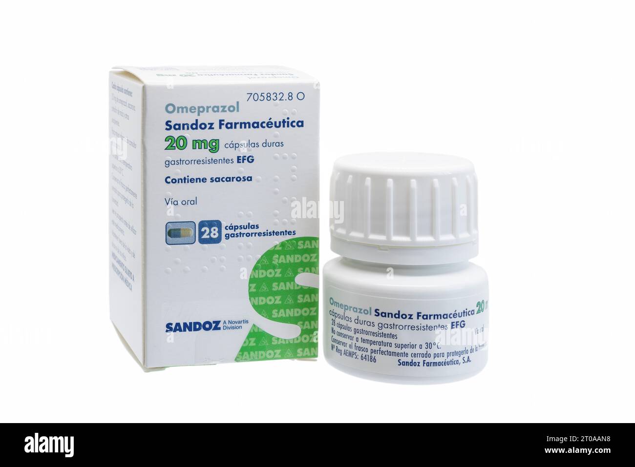 Huelva, Spain - September 25, 2023: Spanish bottle and box of Omeprazole, used to treat certain stomach and esophagus problems (such as acid reflux, u Stock Photo
