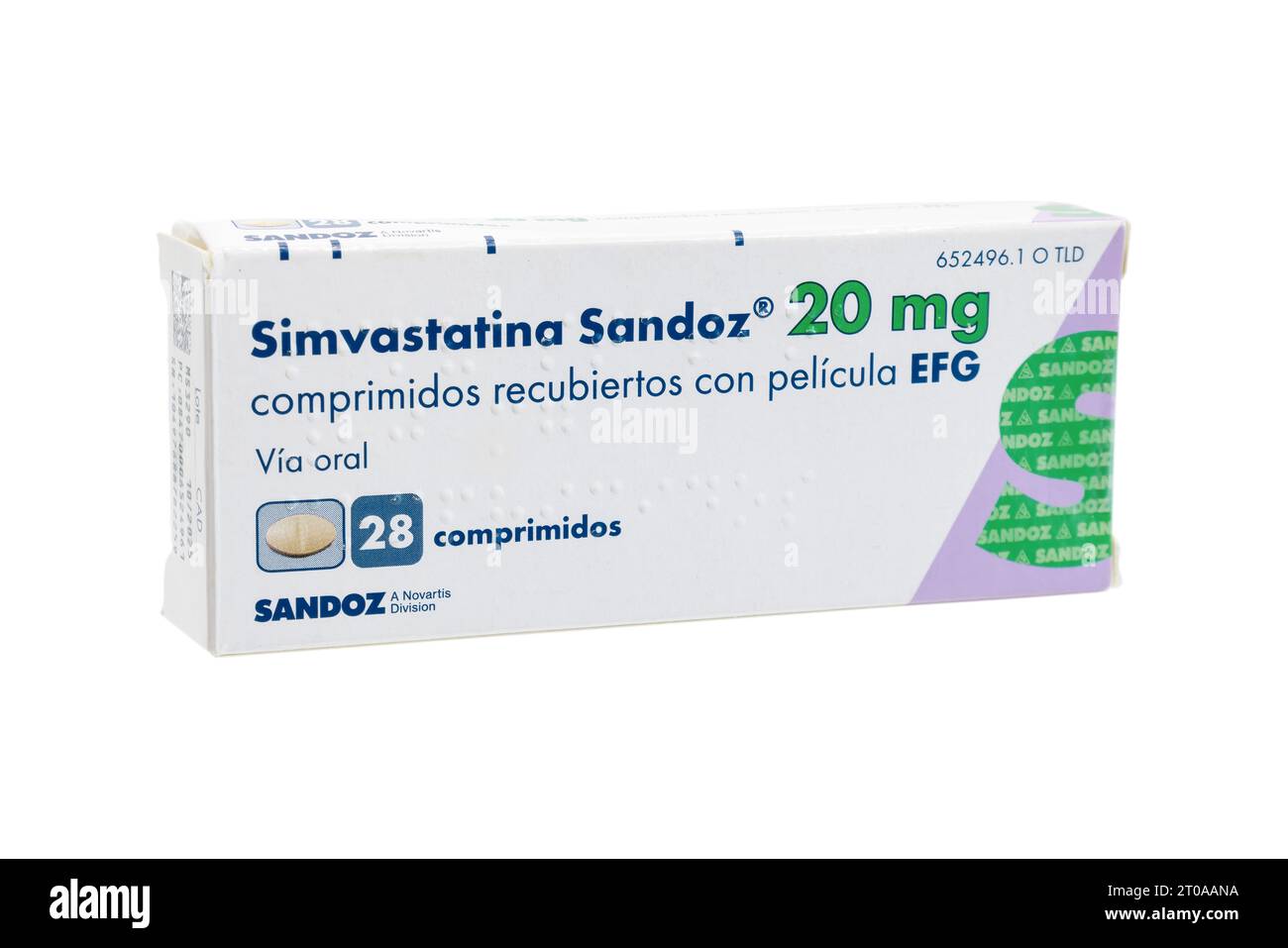 Huelva, Spain - September 25, 2023: A Spanish box of Simvastatin, is a statin, a type of lipid-lowering medication used to decrease elevated lipid lev Stock Photo