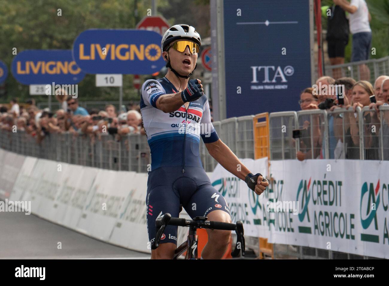Favria, Turin, Italy. 5th Oct, 2023. 107th edition of Gran Piemonte cycling race - Andrea Bagioli cheering on the finish line afetr the win (Credit Image: © Matteo Secci/ZUMA Press Wire) EDITORIAL USAGE ONLY! Not for Commercial USAGE! Stock Photo