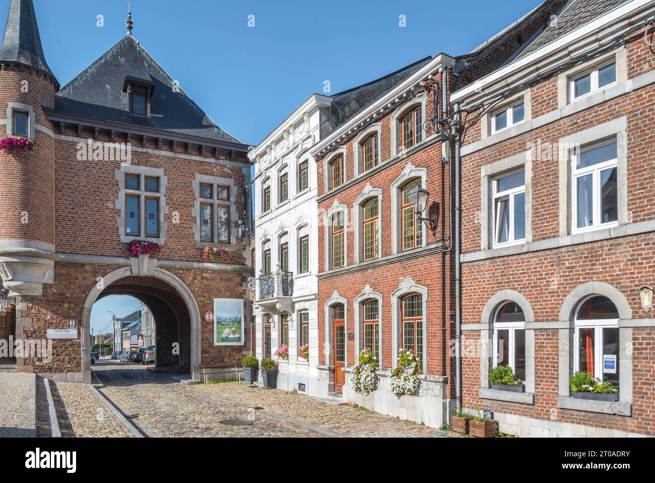 19th century Neo-Renaissance town hall / gate in the village Clermont-sur-Berwinne near Thimister-Clermont in the province of Liège, Wallonia, Belgium Stock Photo