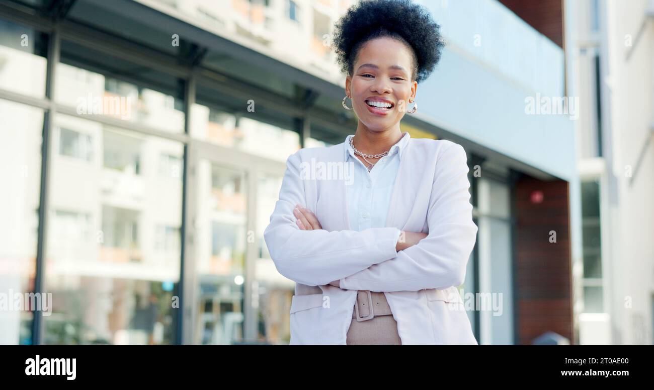 Business, portrait and black woman with arms crossed in city for ...