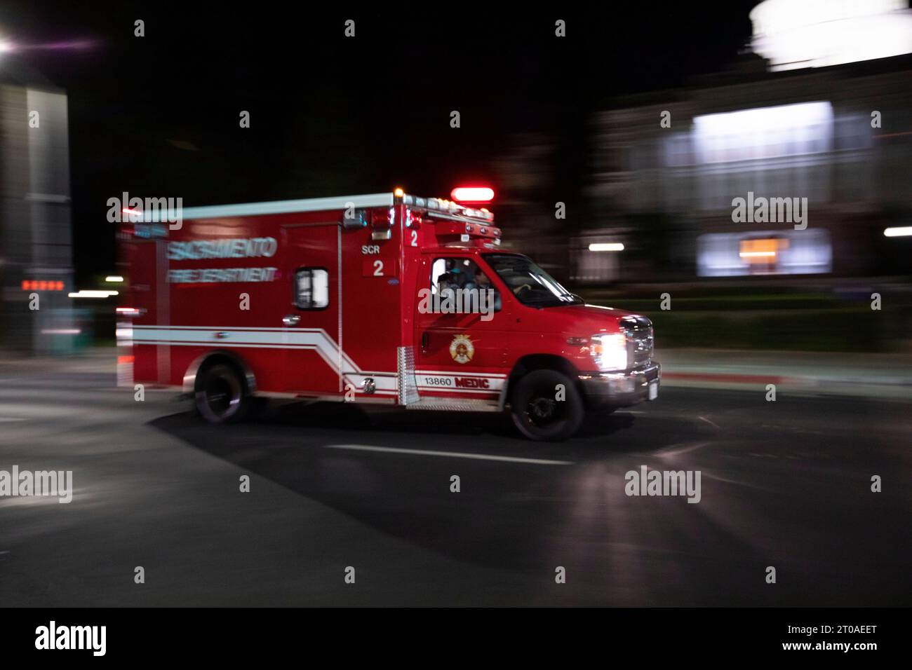 Sacramento, California, USA - July 16, 2021: A Sacramento Fire Department Ambulance races to the scene of an emergency. Stock Photo