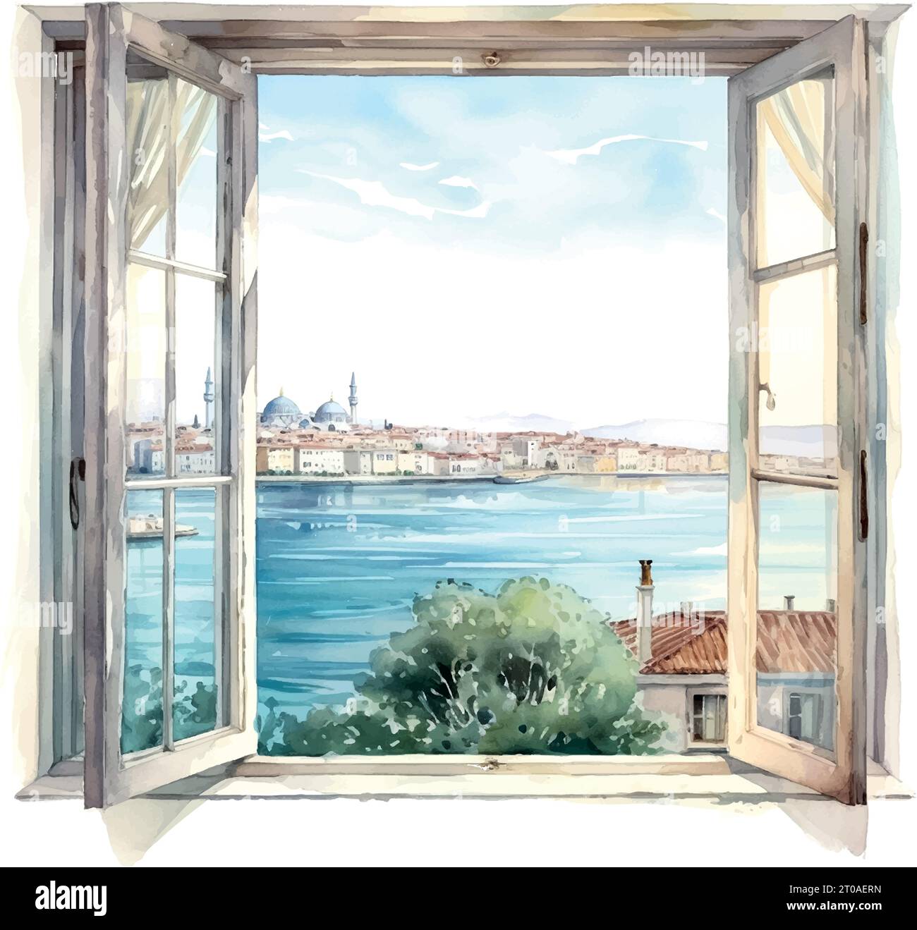 Window sea istanbul watercolor on white background Stock Vector Image ...