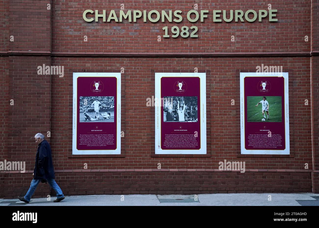 A member of the public walks past plaques celebrating Aston Villa's successes in Europe before the UEFA Europa Conference League Group E match at Villa Park, Birmingham. Picture date: Thursday October 5, 2023. Stock Photo
