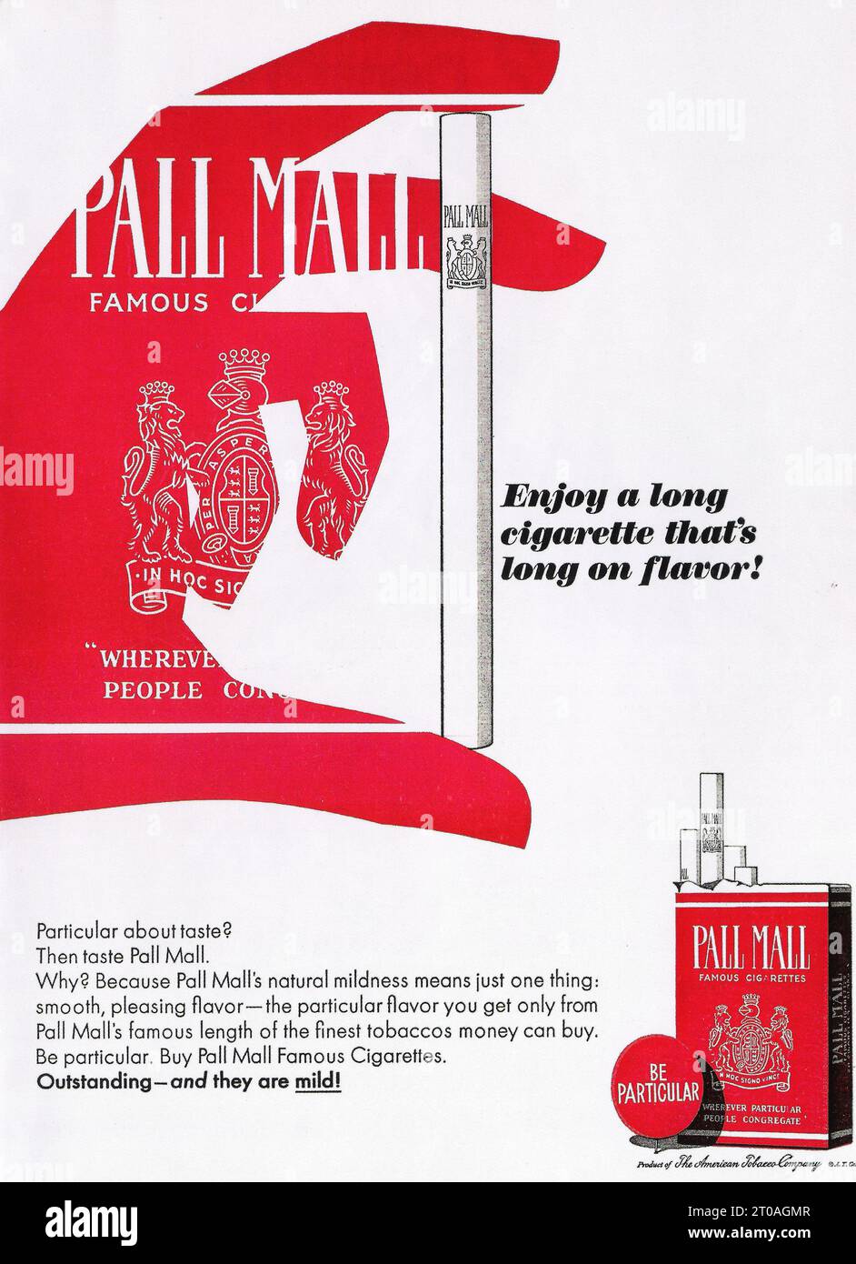 1960s Pall Mall cigarettes ad. Enjoy a long cigarette that's long on flavor slogan. Mild Pall Mall cigarettes advert Stock Photo