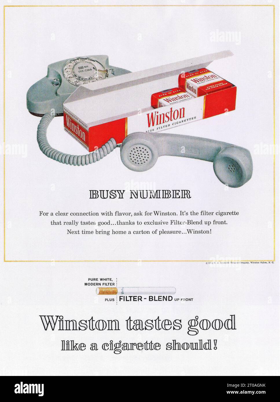 1963 Winston Cigarettes Filter Blend Ad. Winston tastes good like a cigarette should. Telephone busy number Winston cigarettes advert Stock Photo