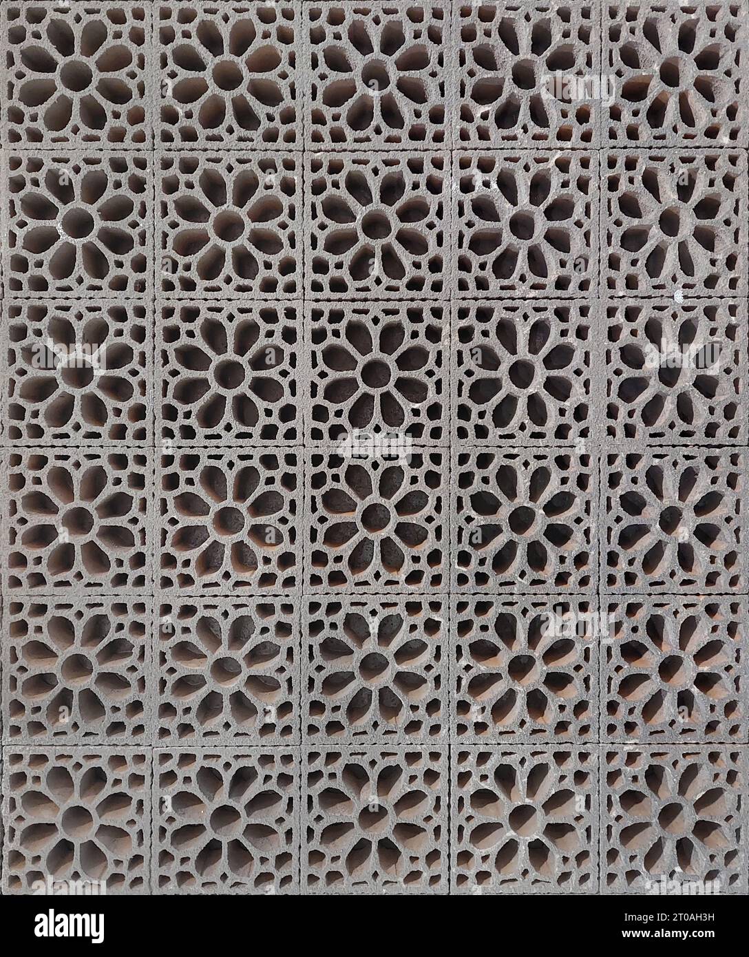 Close up pattern of moulded clay or ceramic latticework, or simply called as Roster, in flower pattern. Latticework is a moulded or cutout pattern. Stock Photo